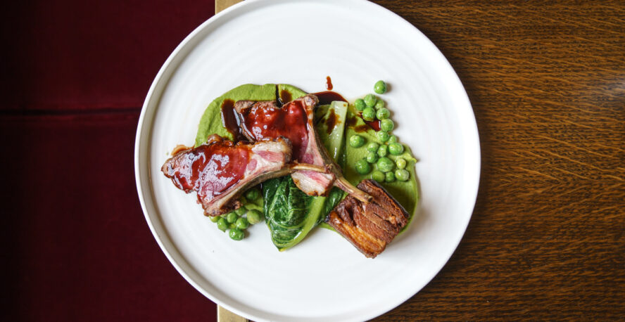 Rack of Lamb, Crispy Belly, Lettuce and Peas