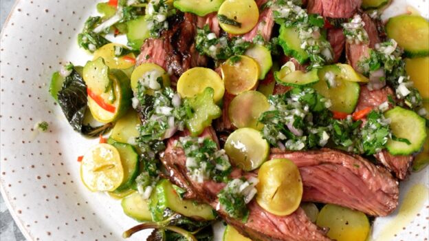 GRILLED BAVETTE & BRAISED COURGETTES WITH MINT, CHILLI & GREMOLATA