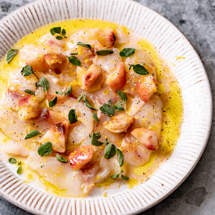 DISH WITH TISH: SEA BASS CRUDO, YELLOW PEACH, BOTTARGA AND MARJORAM