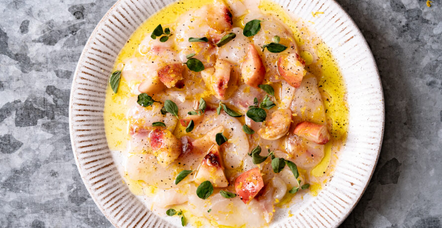 DISH WITH TISH: SEA BASS CRUDO, YELLOW PEACH, BOTTARGA AND MARJORAM