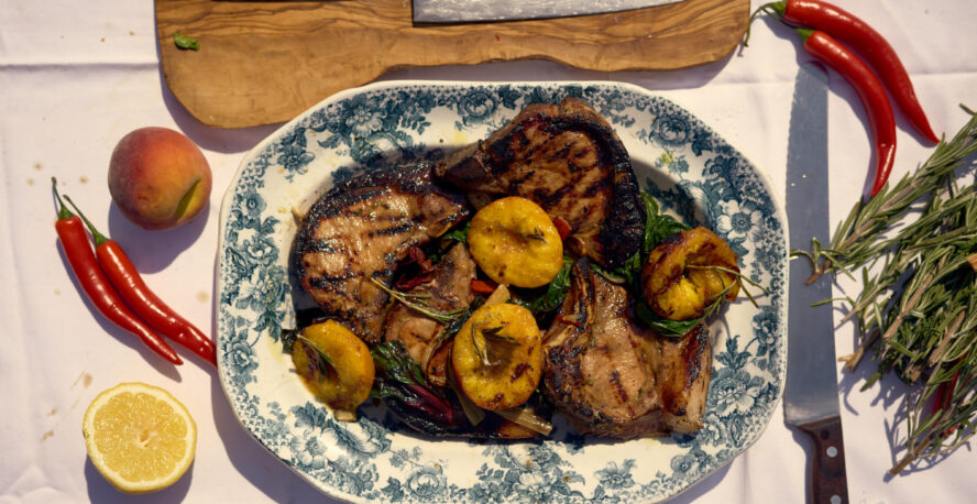 DISH WITH TISH: GRILLED PORK CHOPS WITH STICKY PEACHES, ROSEMARY & RAINBOW CHARD